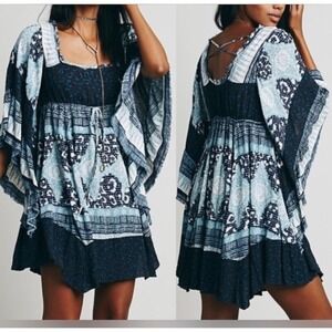 Free People Heart of Gold Mini Dress Indigo Boho Kimono‎ Sleeves Size S